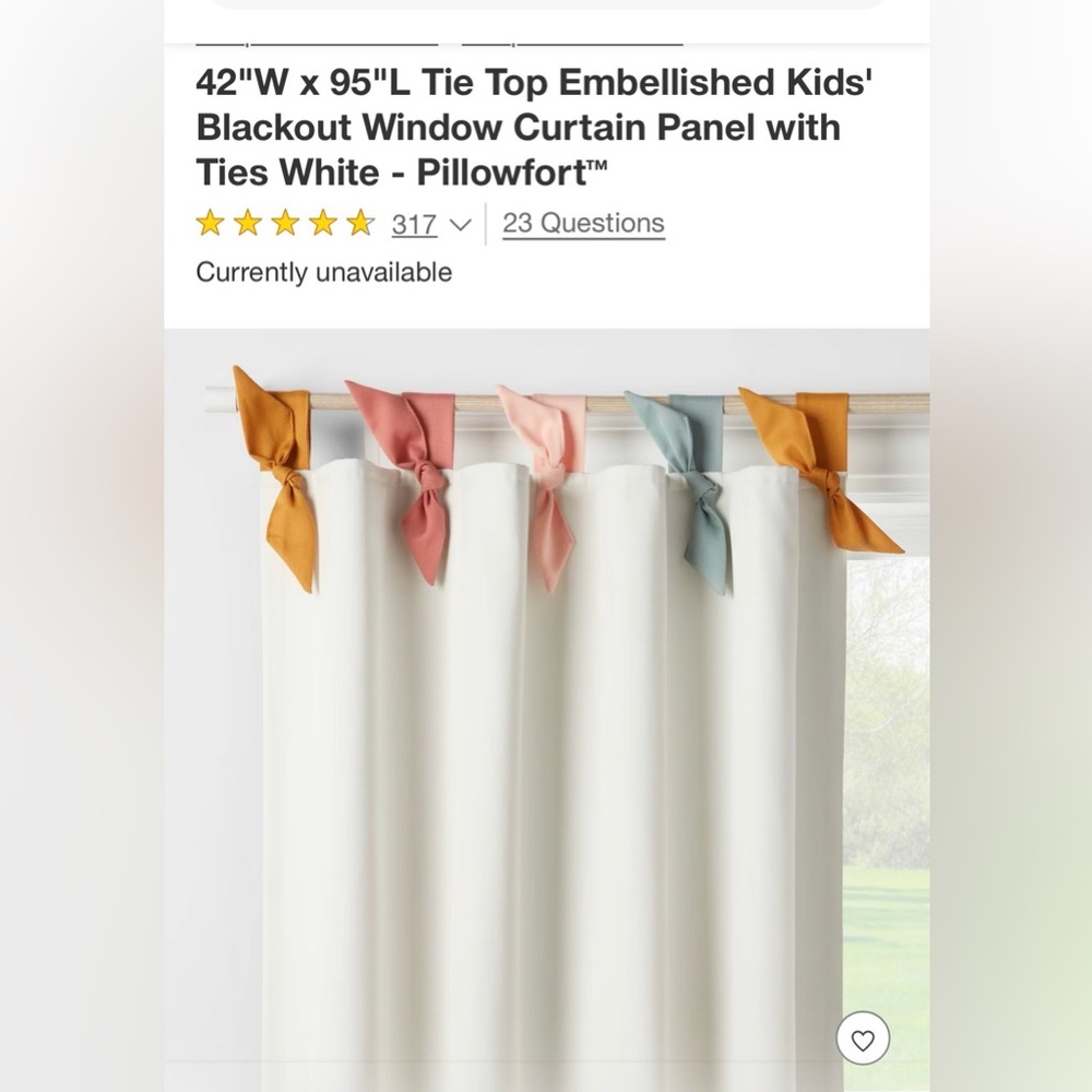 NWOT Pillowfort Tie Top Curtains 42x95”